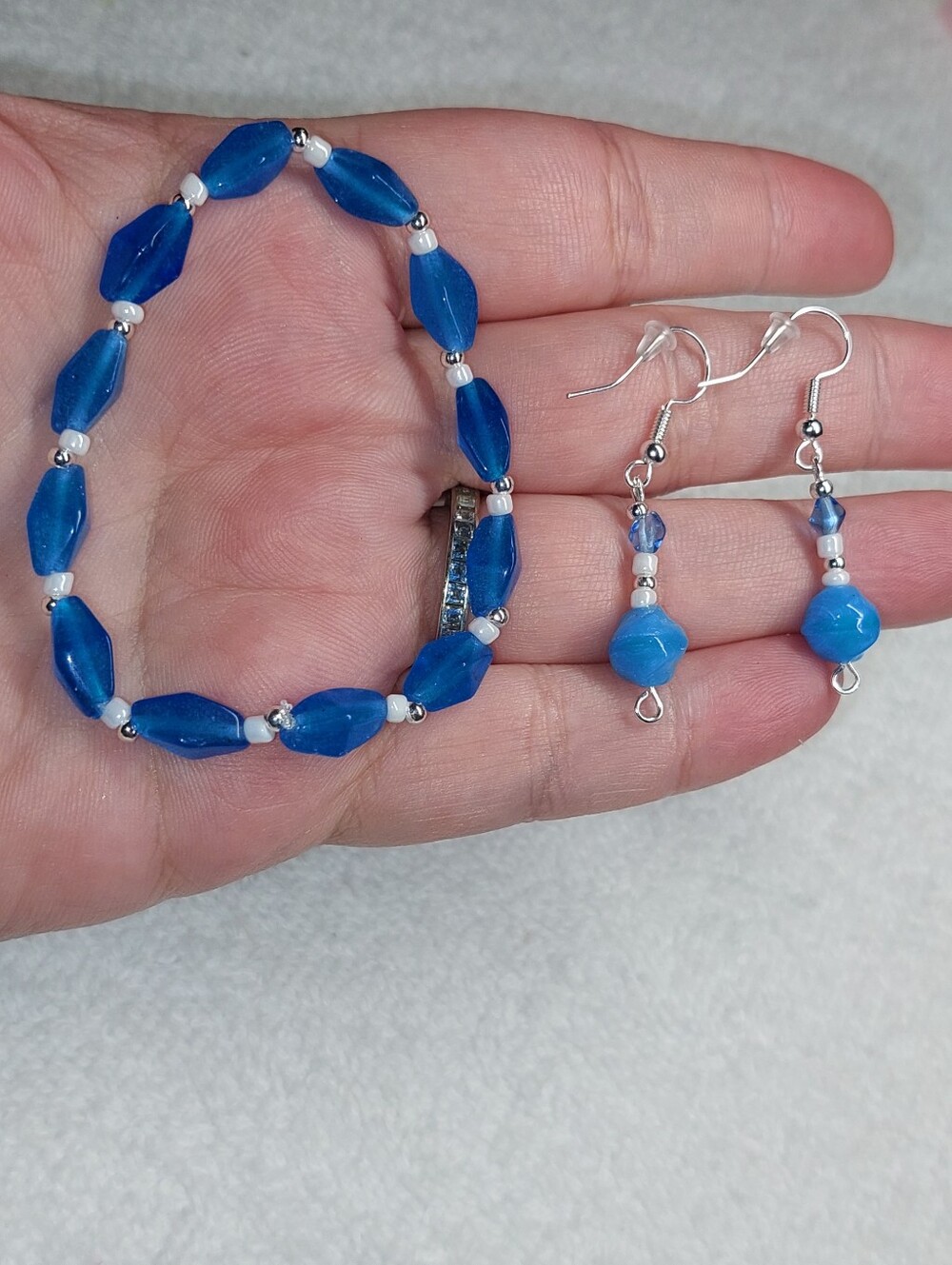 Handmade Blue Glass Bead Bracelet and Earrings Set - Women's Jewelry #cowboys